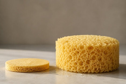 Dry compressed sponge beside expanded water-soaked sponge, absorption and cleaning concept