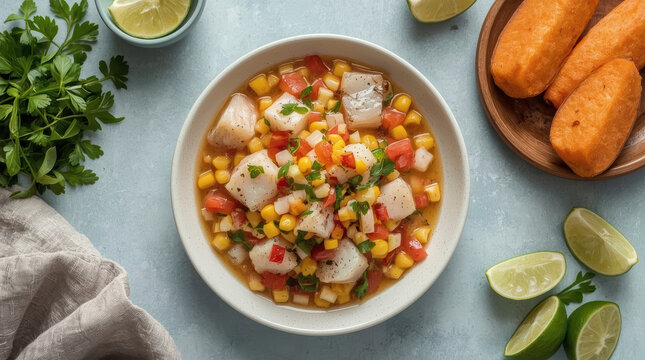 Fresh fish ceviche with corn tomato lime and herbs served with fried yuca