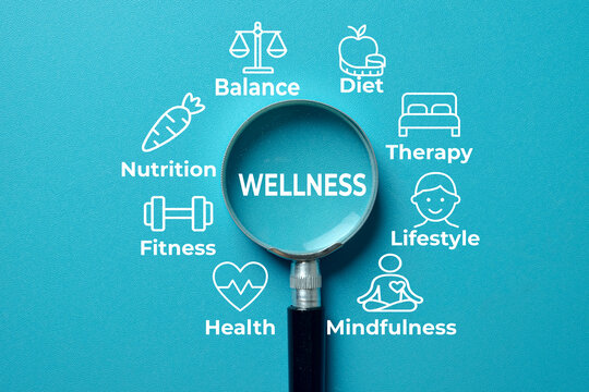 Wellness and holistic health concept. A magnifying glass focusing on the word wellness surrounded by lifestyle icons on a blue background. Mindfulness, fitness, nutrition and self-care.