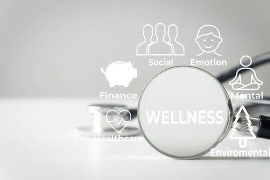 Holistic wellness concept. Medical stethoscope focusing on the word wellness with icons for mental, emotional, social, financial, environmental and physical health on a white background.
