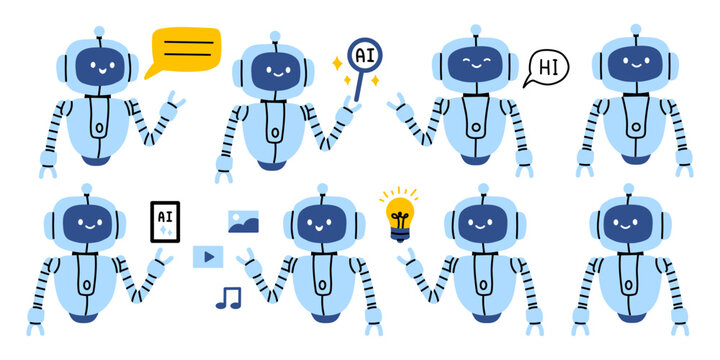 Vector cute friendly AI chatbot robot character set with different poses, speech bubbles, light bulb, media icons, mobile app interface. Flat technology illustration. Artificial intelligence robot.