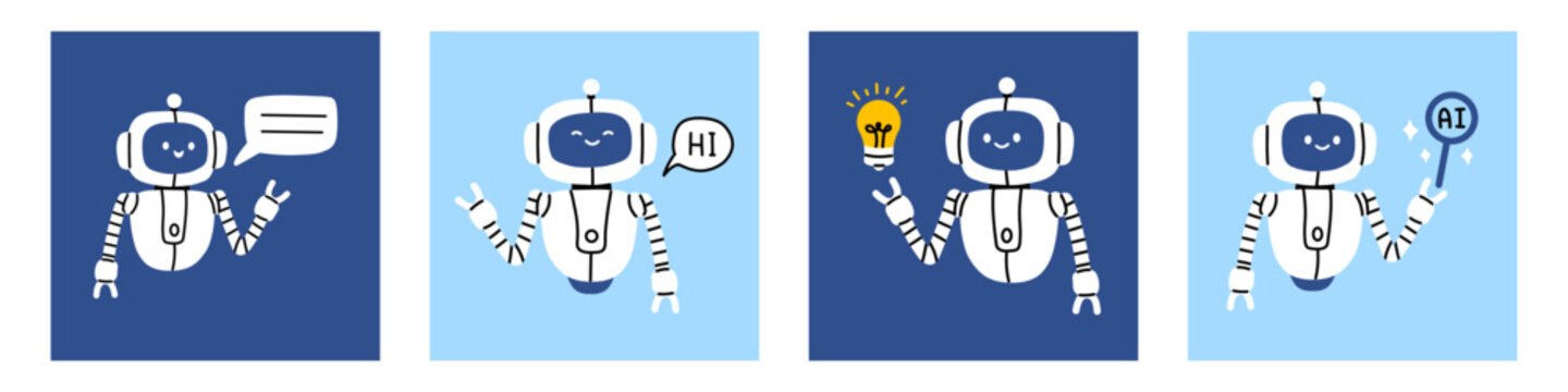 Vector set of cute AI robot characters with speech bubble, hello message, light bulb and search icon. Robot assistant for artificial intelligence chatbot. Flat technology illustration.