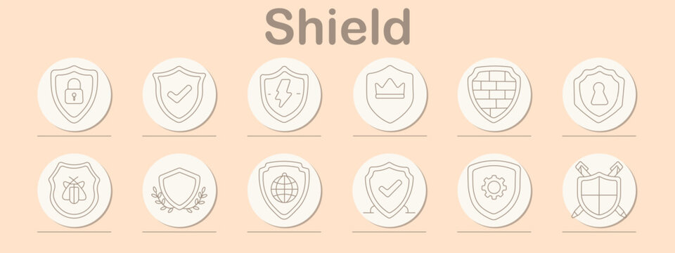 Shield set icon. Locked defense, verified protection, electric safety, royal emblem, brick barrier, hidden access, insect guard, global coverage, crossed weapon security collection.