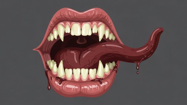 Open bloody vampire mouth with fangs and dripping tongue in dramatic horror closeup.