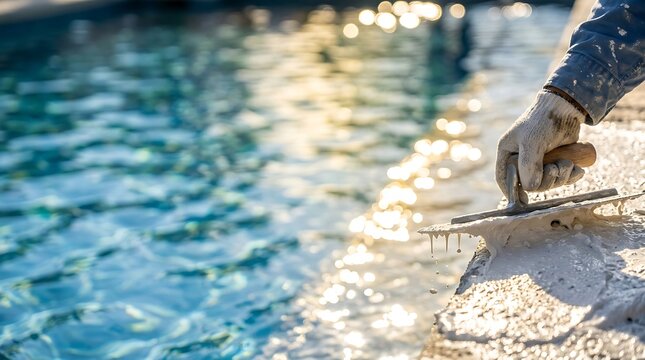 Construction worker smoothing concrete around a swimming pool edge with a trowel