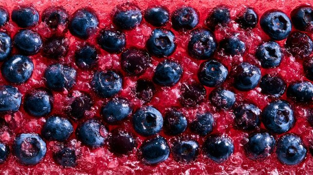 Vibrant dessert surface topped with pink jelly and fresh blueberries, creating colorful texture pattern with juicy berries and sweet food background for bakery, culinary and luxury dessert concepts