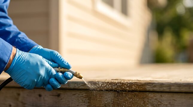Pest control professional spraying insecticide on wooden deck with blue gloves