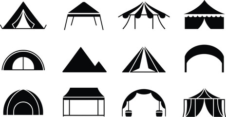 Vector illustration of tent silhouette icons set, camping canopy and festival pavilion graphic elements © Kaiyum