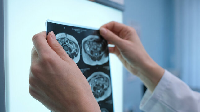 Rehabilitation. Man Holding MRI Scan for Medical Diagnosis