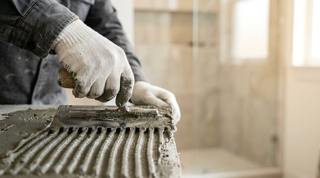 Construction worker applying adhesive with a trowel for tiling