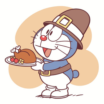 Thanksgiving Pilgrim Doraemon Chibi Vector