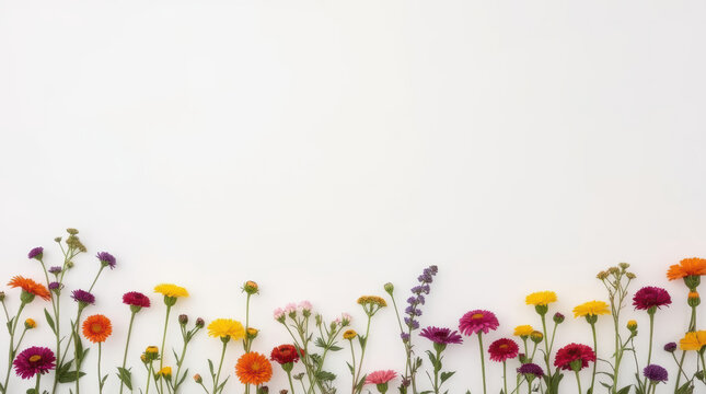 Wildflower border on bright white background with generous copy space and cheerful mood