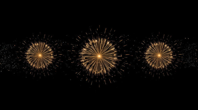 Gold fireworks burst against black sky creating three radiant spheres of light with spark trails