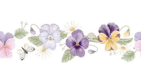 Seamless watercolor horizontal floral border with violas, daisies, butterfly and snail © Olga