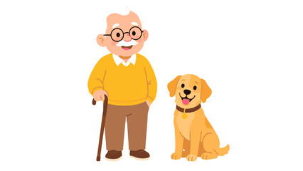 Obraz premium Smiling elderly man with cane standing beside dog illustration