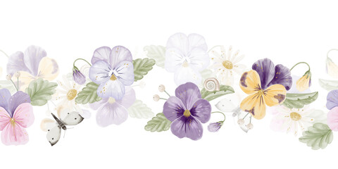Seamless layered watercolor floral border with violas, daisies, butterfly and snail © Olga