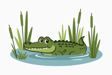 Fototapeta premium Happy cartoon green crocodile swimming peacefully in a swamp lake surrounded by tall green reeds and grass.