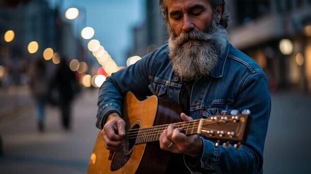 Bearded Street Musician Plays Guitar on City Street at Dusk, Beautiful Bokeh.