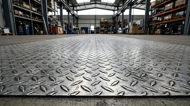 A close-up view of a metal dimond plate floor covering stretching across a spacious industrial warehouse facility with storage racks and concrete flooring