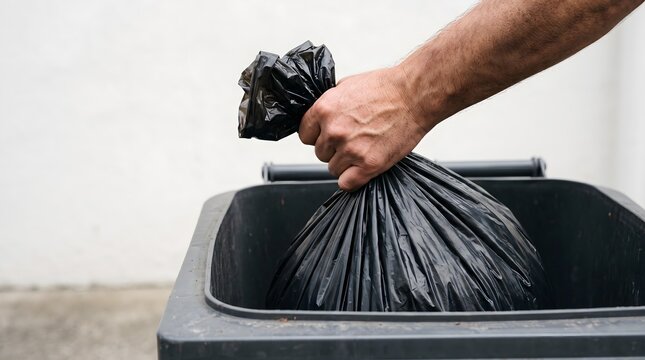 Close up of male hand disposing black plastic garbage bag into a waste bin container outdoors for waste management lifestyle concept