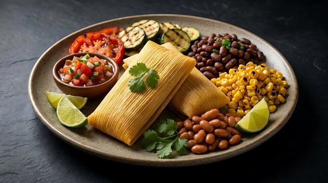 A delicious traditional mexican dish setup served on a rustic plate with tamales, grilled corn, black beans, pico de gallo, zucchini and fresh lime wedges