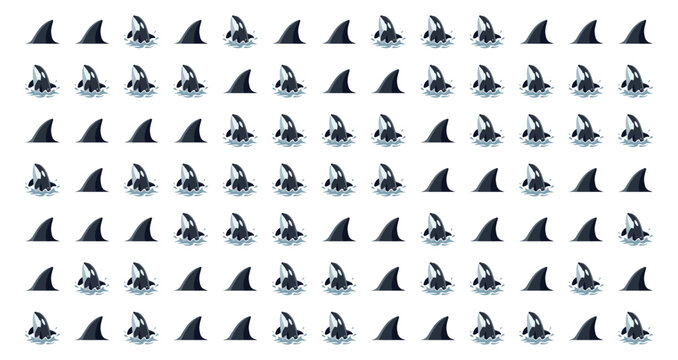 pattern of realistic shark fins and dorsal sharks in blue and grey on white background
