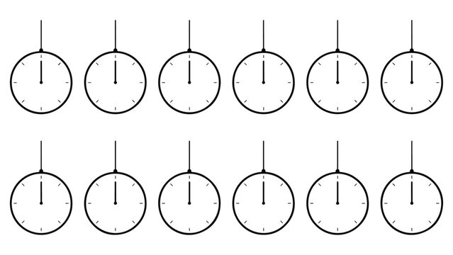 Set of simple circle clock icons with pending design on white background for time planning.
