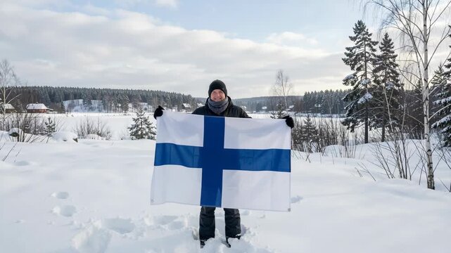 A man holding a Finnish flag on a snowy landscape, with trees and blue sky background.