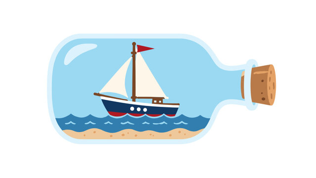 Sailboat inside glass bottle on sand vector illustration