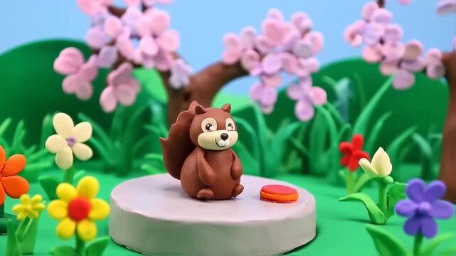 A claymation squirrel smiles amidst colorful flowers and a blossoming tree. A playful, bright scene