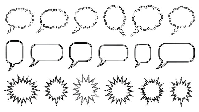 Speech bubbles and starburst shapes for text and design elements in comic style.