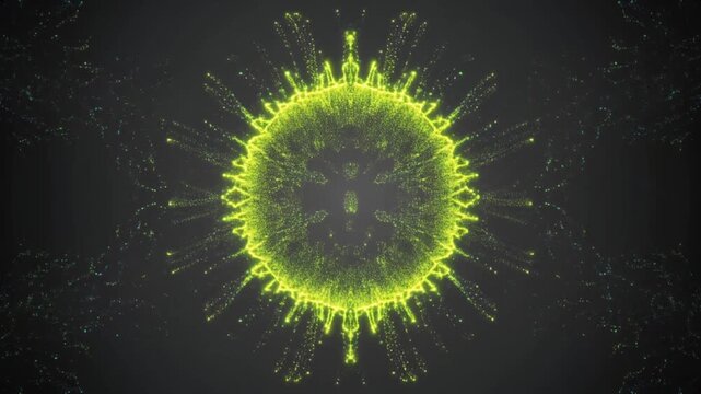Bright green rays explode from central glowing sphere. Dynamic light bursts radiate outward with energy and motion. Dark background emphasizes luminous, evolving particle patterns