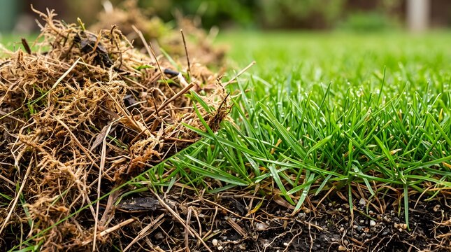 Close up of lawn maintenance showing pile of removed thatch and moss next to healthy green grass in garden during spring home gardening lifestyle concept