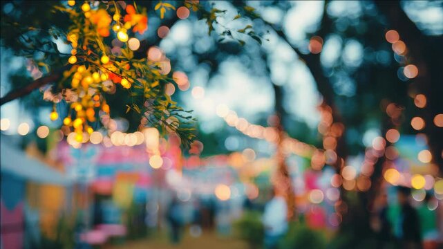 Warm lights blur softly behind green leaves. Branches sway gently in gentle breeze. Festive bokeh glows in evening setting. Background hints at colorful stalls and people