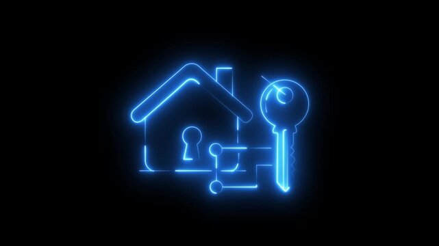 Futuristic Blue Neon Smart Home Security Icon Animation with Digital House, Key and Connected Access System on Black Background, Glowing Cyber Technology 4K Loop Motion Graphics..