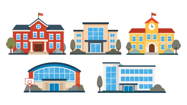 Set of colorful school building facades in flat vector style