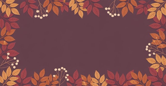 Decorative autumn frame with watercolor red and orange leaves and white berries on a dark purple background