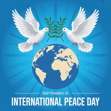 Two white doves flying above the earth globe with olive branches representing international peace day celebration concept