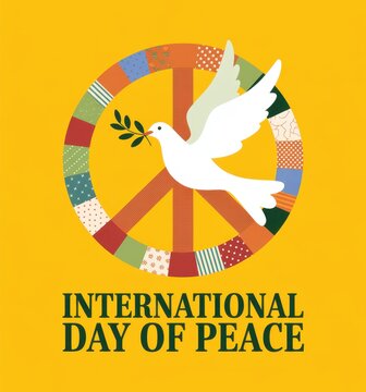 International day of peace poster design featuring a white dove holding an olive branch over a colorful peace symbol