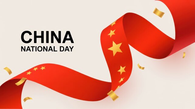 Abstract background for china national day featuring a flowing red ribbon with gold stars and falling confetti elements
