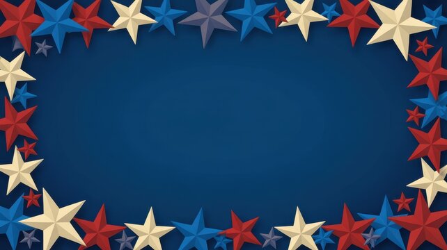 Patriotic border frame made of red white and blue stars on a dark blue background for holiday designs