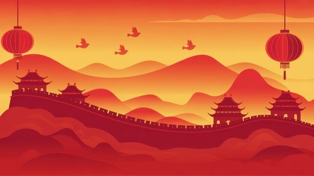 Traditional chinese landscape illustration with the great wall mountains and hanging red lanterns for lunar new year celebration