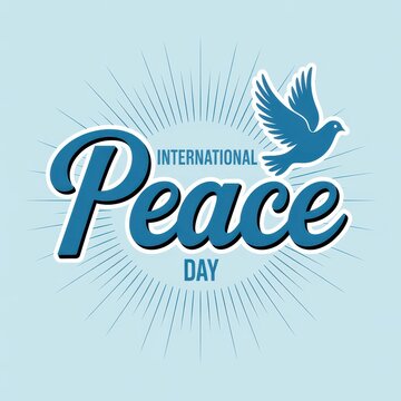 International peace day typography design with a flying dove and sunburst rays on a light blue background