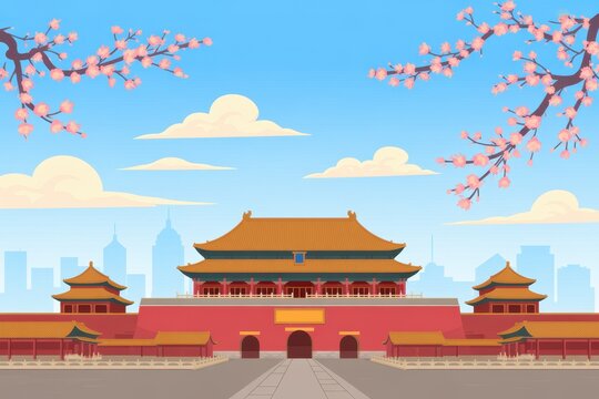 Illustration of the forbidden city in beijing with blooming cherry blossom trees under a bright blue sky