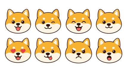 Fototapeta premium Cute Shiba Inu dog emoji faces set in flat vector style