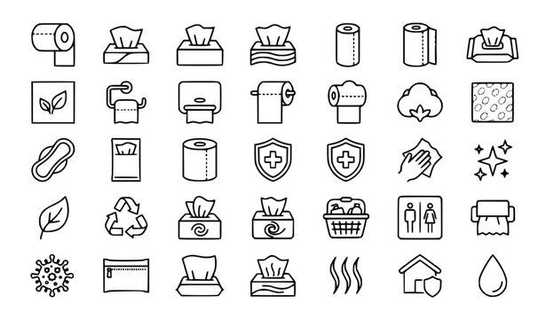 Premium tissue paper, paper towel, wet wipes, hygiene and cleansing line icons set