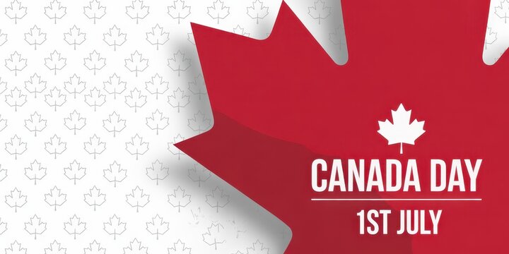 Canada day celebration background with a large red maple leaf and white text on a decorative patterned surface