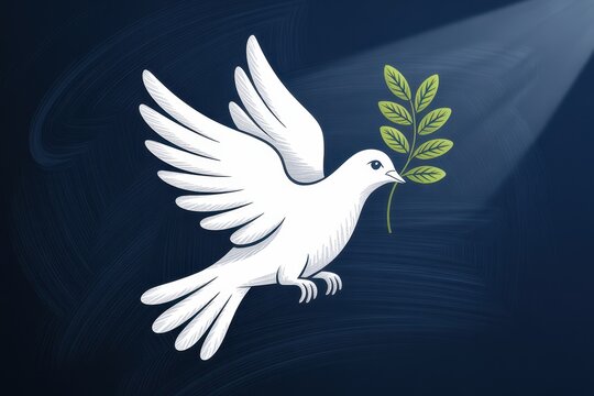 A beautiful white dove flying with an olive branch in its beak against a dark blue background with light