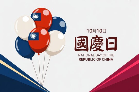 Celebratory background for taiwan national day featuring colorful balloons with national flag elements and traditional chinese calligraphy text