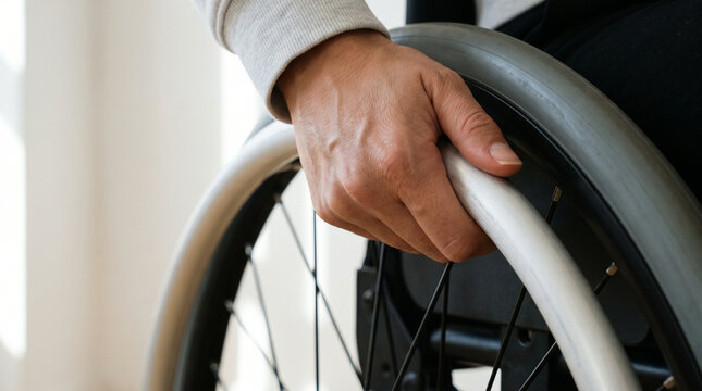 Rehabilitation. Woman Holding Wheelchair Wheel for Mobility